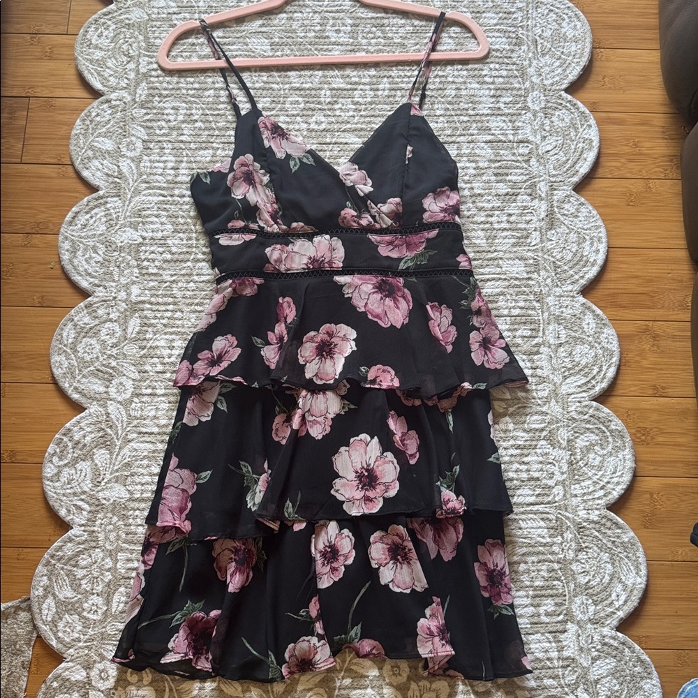 Floral Tiered Black Dress